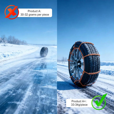 Solid Hella Grip Twelve Piece Car Snow Tire Chains With Spiral Anti Skid Traction Straps, shown on snowy surface.