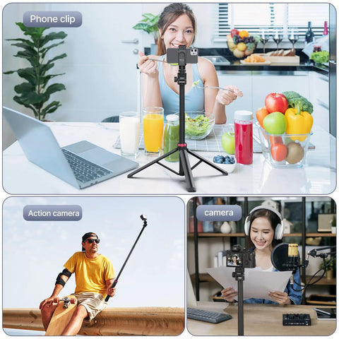 MT79 Extendable Aluminum Tripod Stand 81 Inch Reach With Quarter Inch Screw And 180 Degree Rotation For Cameras And Phones in use