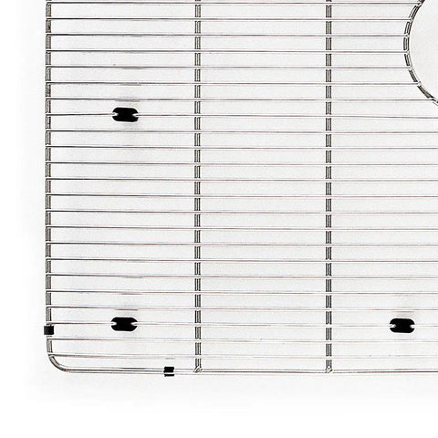 Gravity 27x16 Stainless Steel Bottom Sink Protection Grid With PVC Feet showing grid pattern and drain opening detail.