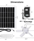 Solar Rechargeable Ceiling Fan Light With Battery Backup 20.5 Inch components and dimensions shown