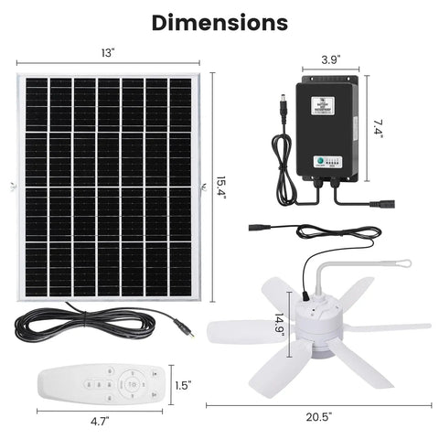 Solar Rechargeable Ceiling Fan Light With Battery Backup 20.5 Inch components and dimensions shown