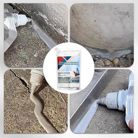 Self Leveling Concrete Crack Repair Sealant for slabs and brick stone, shown being applied to indoor and outdoor surfaces.
