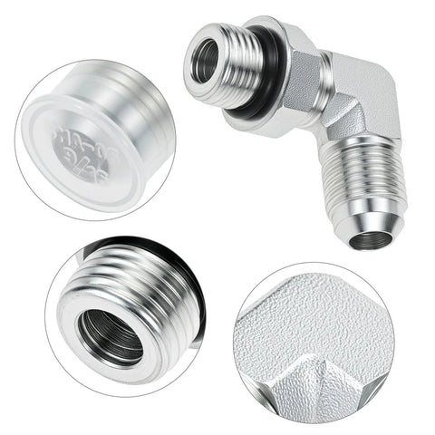 Close-up of 90 Degree Elbow Hydraulic Hose Fittings Set Ten Pieces Three Eighths Inch JIC Thirty Seven Degree Male End To Six SAE ORB