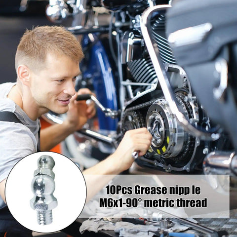 Mechanic using 10 Piece Metric Grease Fittings Kit With 90 Degree Elbows For Automotive Machinery And Industrial Equipment