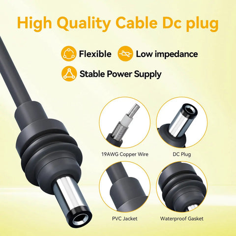 Rugged Heavy Duty Charging Station Power Cord With Inline Voltage Guard Compact Portable Battery Adapter For Bl1830 Bl1860 Bl1850 Bl1840 showing flexible DC plug with PVC jacket.