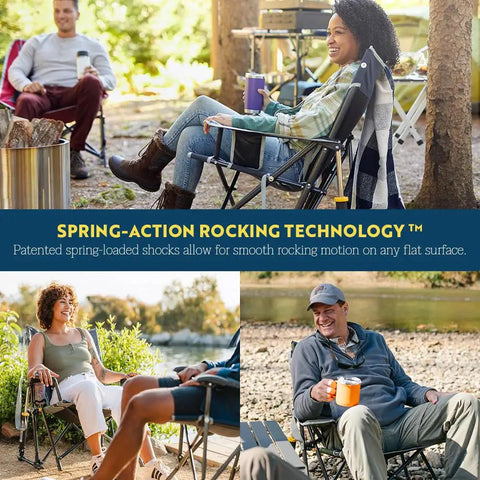 People enjoying the Kickback Rocker Outdoor Low Profile Rocking Chair With Cup Holder And Portable Carry Strap For Easy Transport.