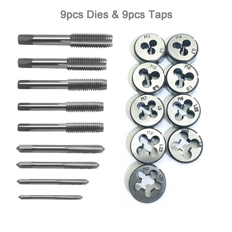 Pro Grade Metric Tap And Die Set With Taps M3 Through M12 And Matching Dies Shown in Rows