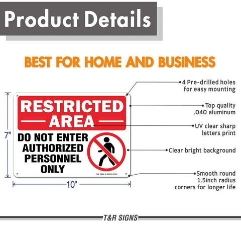 Restricted Area Do Not Enter Authorized Personnel Only Sign 2 Pack 10 By 7 Inches Aluminum Rust Free.040 Thick UV Protected Waterproof