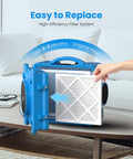 Person inserting MERV-10 Filter Replacement Set For S-550 Air Scrubber into blue air scrubber unit in living room.