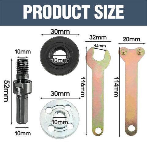 Dimensions of Pro Grade 15 Piece Drill To Grinder Converter Kit components including arbor, flange nuts, and wrench.