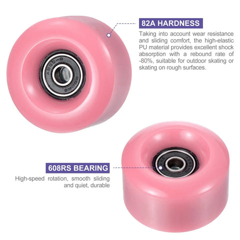 Close-up of pink 8 Pack Roller Skate Wheels Set For Quad Skates And Skateboards 58mm By 32mm ABEC 9 Bearings 82A PU Hardness
