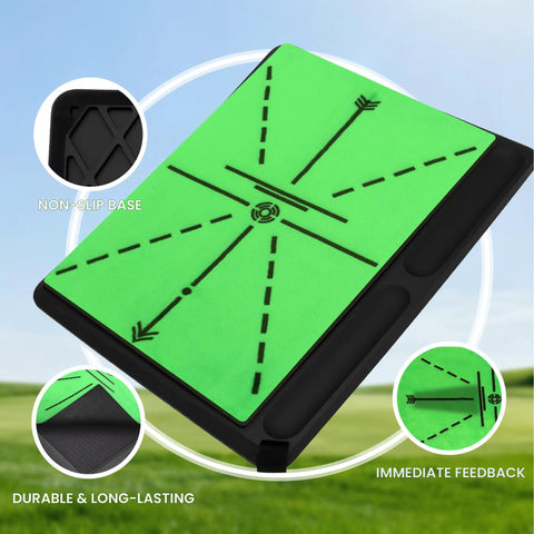 Game Changer Golf Hitting Mat With Curved Ball Tray 3 In 1 Practice Mat shown with green surface and black base, 16x14 inches