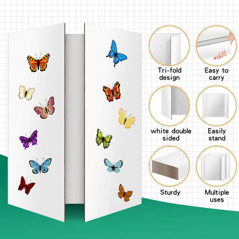 Two Pack Trifold Poster Boards 48 X 36 Inch Double Sided White Display Boards for Science Fair Projects with butterfly decorations