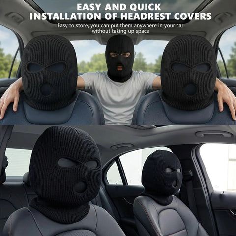 2 Pack 3 Hole Full Face Mask Balaclava Ski Mask with eyes and mouth exposed on car seat headrests inside vehicle.