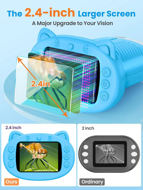 Kids Handheld Digital Microscope 1000X Magnification With 2.4 Inch HD Screen 2MP Images Durable ABS Silicone Build blue body with larger screen