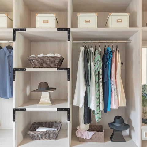Flat Corner Braces 20 Pack - Beefy, Heavy Duty L Shape Right Angle Shelf Supports For Wood Furniture installed in a closet
