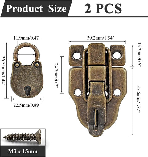 Retro Duckbilled Toggle Hasp Latch Set In Antique Bronze, 2-Piece Padlock Kit dimensions and screws shown