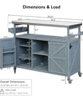 Dimensions and load details of the Outdoor Grill Cart with Storage and Rolling Bar Cart in Grey Blue, featuring lockable wheels and spice rack.
