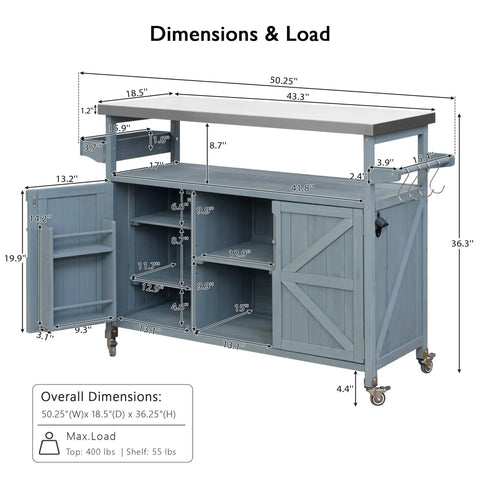 Dimensions and load details of the Outdoor Grill Cart with Storage and Rolling Bar Cart in Grey Blue, featuring lockable wheels and spice rack.