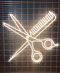 Neon sign of scissors and comb on grid; Pickup Here Neon Sign With Adjustable Brightness Warm White Glow For Bar Office Shop Window Decor 20 Inch Hanging Chain Included Perfect For Parties Hotels Salons.
