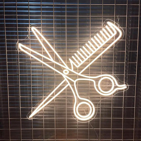 Neon sign of scissors and comb on grid; Pickup Here Neon Sign With Adjustable Brightness Warm White Glow For Bar Office Shop Window Decor 20 Inch Hanging Chain Included Perfect For Parties Hotels Salons.