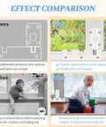 Comparison of sliding glass door locks, showing before and after effects with child safety enhancements on windows.
