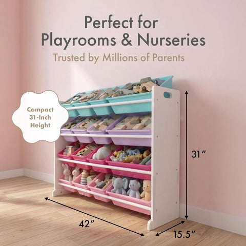 4 Tier Toy Storage Organizer With 16 Removable Bins For Kids Playroom Durable Engineered Wood Frame With Steel Dowels So Easy Cleanup