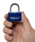 Hand holding Blue Vinyl Covered Aluminum Keyed Padlock for Indoor Outdoor Use, Small Locker Lock With Hardened Steel Shackle.