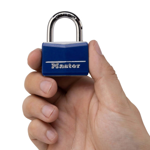 Hand holding Blue Vinyl Covered Aluminum Keyed Padlock for Indoor Outdoor Use, Small Locker Lock With Hardened Steel Shackle.