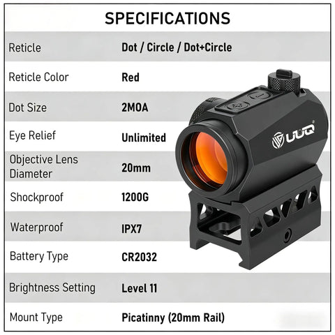 Compact 1x20mm Optical Targeting Dot With Auto On Motion Sensor, 11 Level Brightness, Low Profile Riser Mount, IPX7 Waterproof, Fits 20mm Picatinny Rails, Field Ready For Airsoft And Paintball Training Sessions, black optic sight with 20mm lens and mount