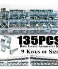 Top Quality Zinc Plated Steel Hose Clamp Assorted Kit With Double Ears Worm Drive Clamps Perfect For Fuel And Water Pipes 8-18mm Range Super Durable And Easy To Install Right Now, 135-piece zinc steel hose clamps in storage box