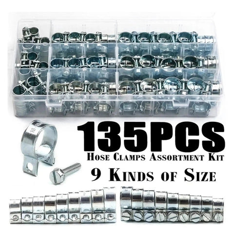 Top Quality Zinc Plated Steel Hose Clamp Assorted Kit With Double Ears Worm Drive Clamps Perfect For Fuel And Water Pipes 8-18mm Range Super Durable And Easy To Install Right Now, 135-piece zinc steel hose clamps in storage box