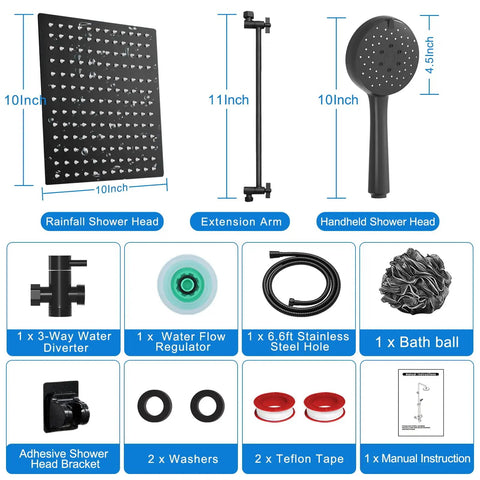 10 Inch Rainfall Shower Head And Handheld Combo With 11 Inch Arm Anti Leak Design Adjustable Height And Angle Four Spray Modes Next Level Spa Like Shower On Demand Powerful Water Pressure Even At Low Flow Easy Install components displayed.