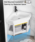 Bathroom Corner Basin Sinks, Wall Mount Vessel Sink,White Vessel Sink,Combo For Small Space Wall Mounted Cabinet Set Design White Resin Basin Sink Top Chrome Faucet And Drain. (48x48x40cm) with black faucet and towels.