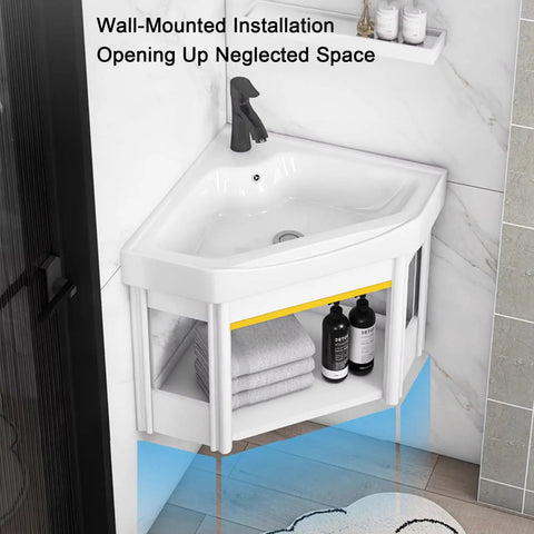 Bathroom Corner Basin Sinks, Wall Mount Vessel Sink,White Vessel Sink,Combo For Small Space Wall Mounted Cabinet Set Design White Resin Basin Sink Top Chrome Faucet And Drain. (48x48x40cm) with black faucet and towels.