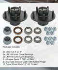 Trailer Idler Hub Kit Set Of 2 For 3500 Lb Axles, 5 On 5 Inch Bolt Pattern, bearings, grease seals, wheel nuts displayed
