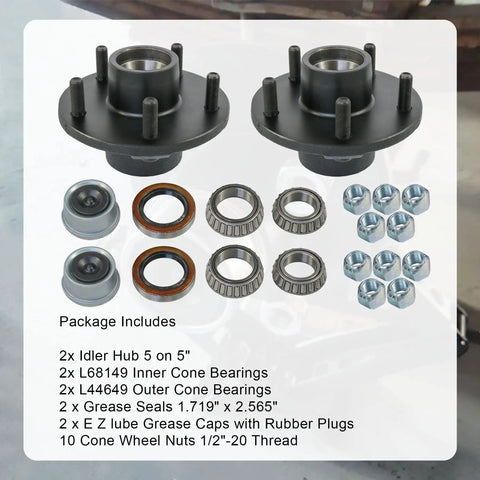 Trailer Idler Hub Kit Set Of 2 For 3500 Lb Axles, 5 On 5 Inch Bolt Pattern, bearings, grease seals, wheel nuts displayed
