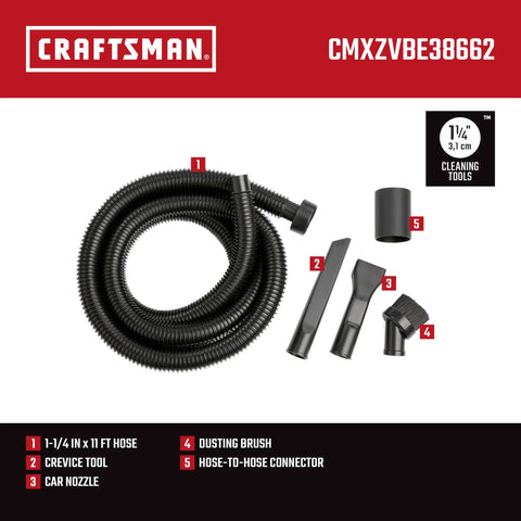 1-1/4 Inch Car Cleaning Wet Dry Vac Attachment Kit includes 5 pieces: crevice tool, dusting brush, car nozzle, 11 ft hose