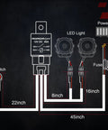 Diagram of Two LED Light Bars Wiring Harness Kit with motorcycle handlebar switch for 7/8 inch handlebars, 12V 40A relay and fuse.