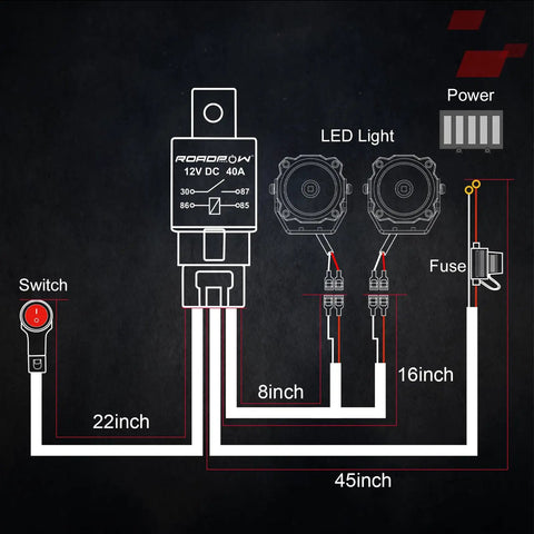 Diagram of Two LED Light Bars Wiring Harness Kit with motorcycle handlebar switch for 7/8 inch handlebars, 12V 40A relay and fuse.