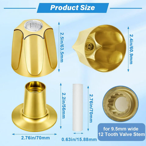 Polished Gold Shower Knob Set Two Piece Replacement For Verve Faucet Handles With 12 Tooth Valve Stem dimensions and details.