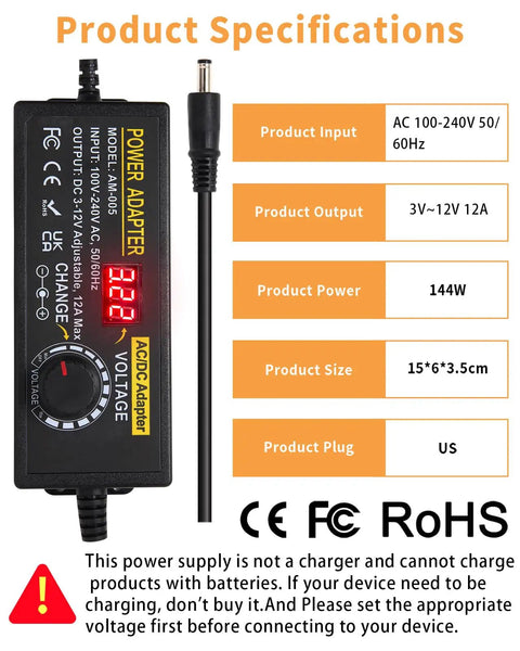 Adjustable 3 To 12V 12A 144W Universal DC Power Supply Adapter With Voltage Display 100V To 240V AC Input specifications