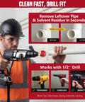 PVC Pipe Reamer Kit For Sch 40 CPVC ABS in use, worker using lightweight aluminum tool with half-inch drill for fitting repair.