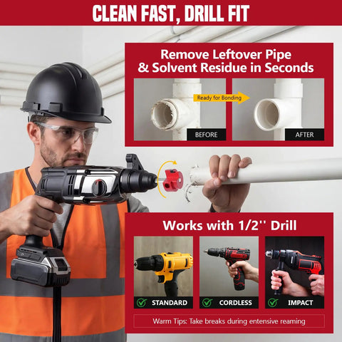 Worker using DIY Ready Durable Aluminum PVC Pipe Reamer Kit With Fitting Saver For Sch 40 CPVC ABS Plumbing to clean pipe interior