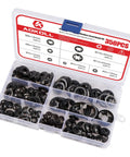 Grab N Go 350Pcs Internal Tooth Star Lock Washers And Push Nuts Kit in black case, sizes M3-M12, 65Mn steel, corrosion resistance