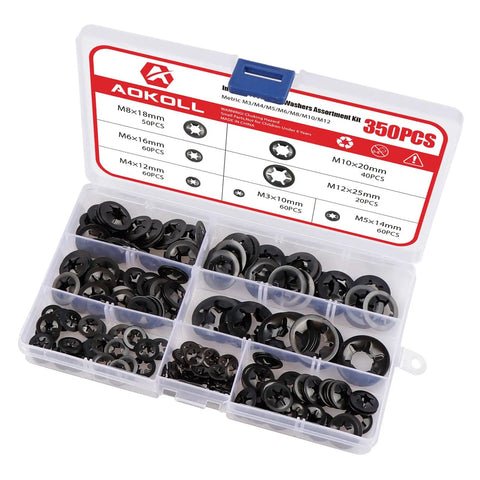 Grab N Go 350Pcs Internal Tooth Star Lock Washers And Push Nuts Kit in black case, sizes M3-M12, 65Mn steel, corrosion resistance