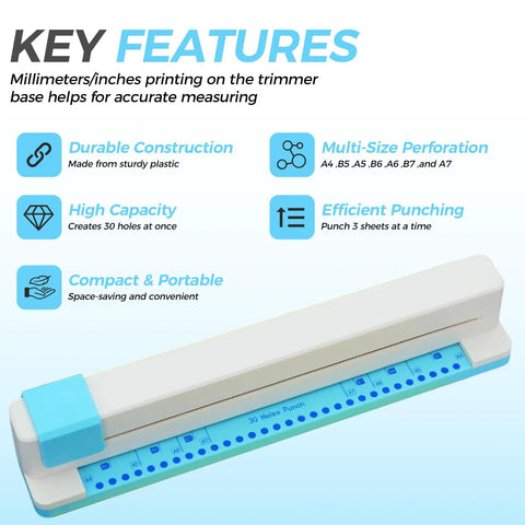 30 Hole Paper Punch For Discbound Notebooks And Journals With Loose Leaf Compatibility Adjustable Spiral Hole Puncher displayed on blue background