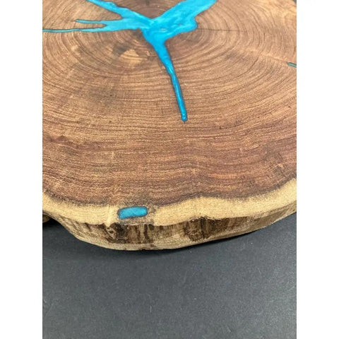 Close-up of 16 Inch Handcrafted Lazy Susan Charcuterie Board With Turquoise Painted Wood Rotating Serving Tray detail