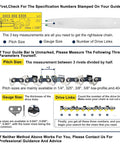 Guide for measuring chainsaw chain pitch size, gauge size, and drive links for chain fitting.