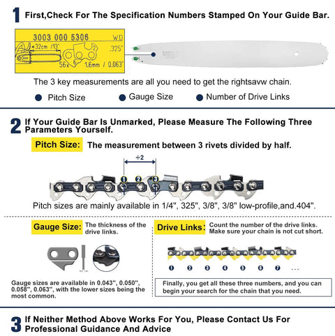 Guide for measuring chainsaw chain pitch size, gauge size, and drive links for chain fitting.